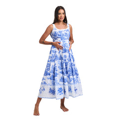 Vintage Toile Print Nursing-Friendly Sleeveless Maxi Dress