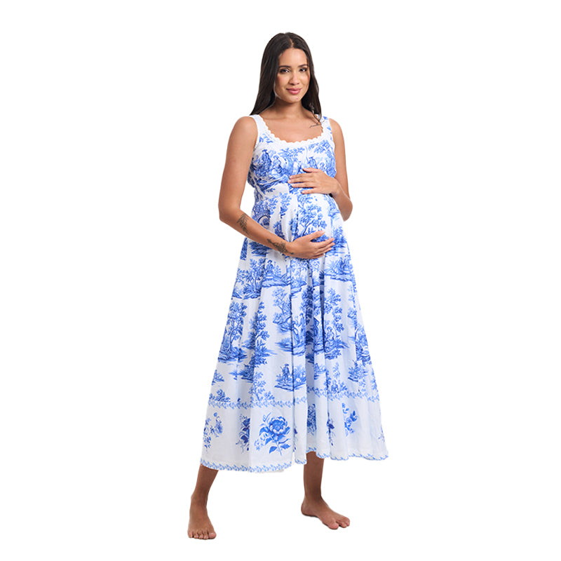 blue toile maternity dress Ruffle Strap Labor & Delivery Gown
