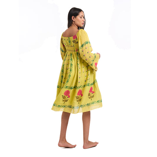 Marigold Block Print Mulmul Midi Resort Dress β Eastman Green