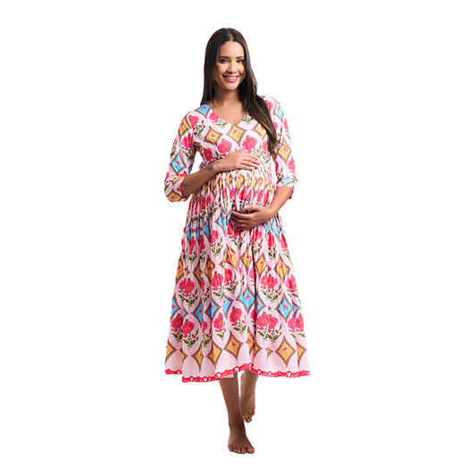 Mughal Floral Print Mulmul Cotton Nursing Maxi Dress