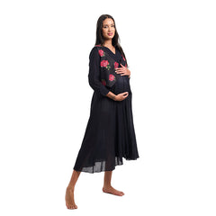 Black Tropical Rose Waistcoat Nursing Flared Dress