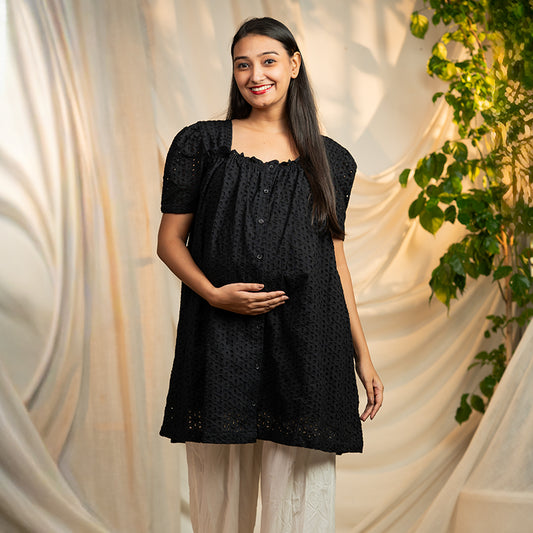 Black organic schiffli cotton - A line cotton top