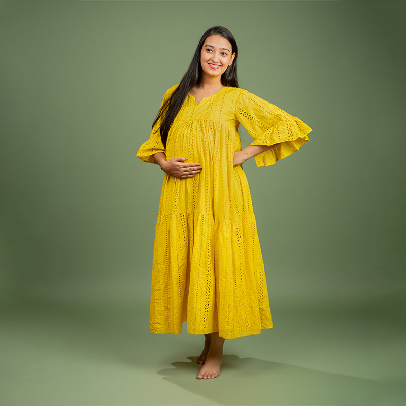 Daffodil Pure Cotton Schiffli Maxi Dress