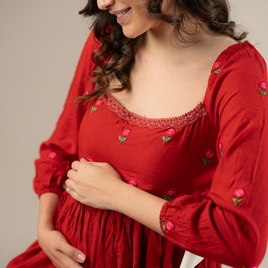 Scarlet Red Mulberry Cotton Maternity Dress