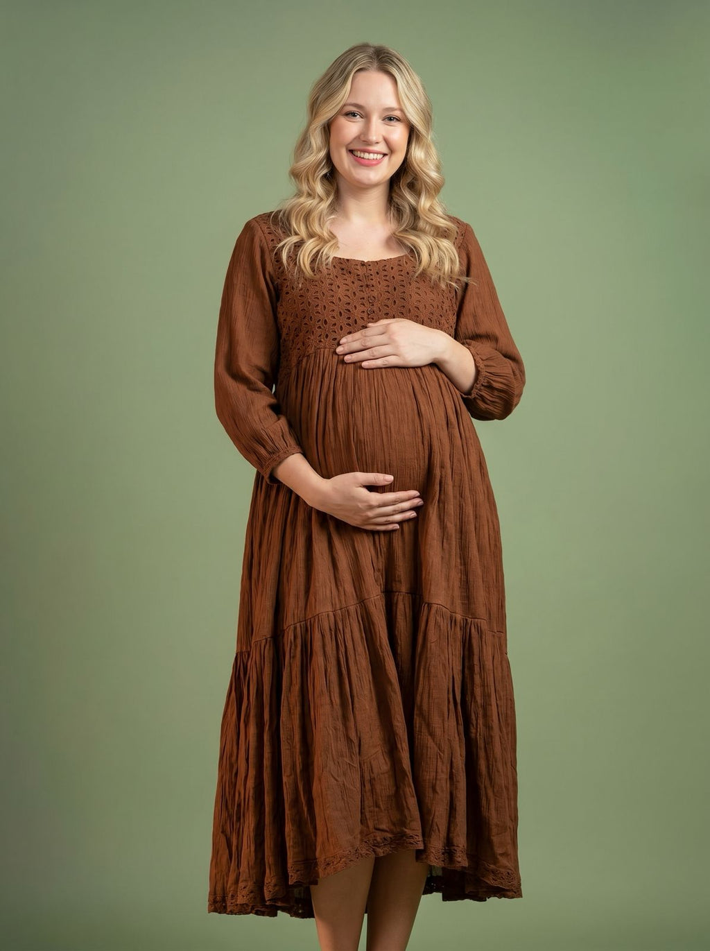 Organic Crush Cotton Choco Brown Eyelet Midi Dress