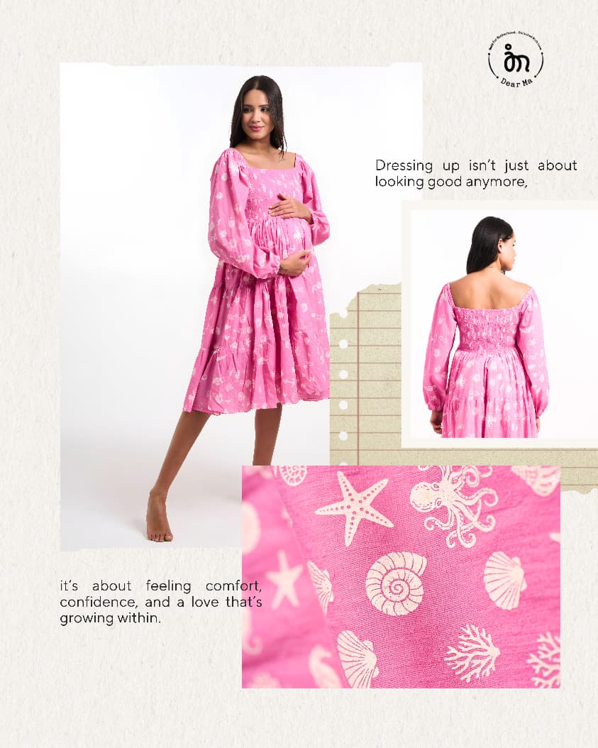 Aqua Print Candy Pink Tiered Maternity Midi Dress