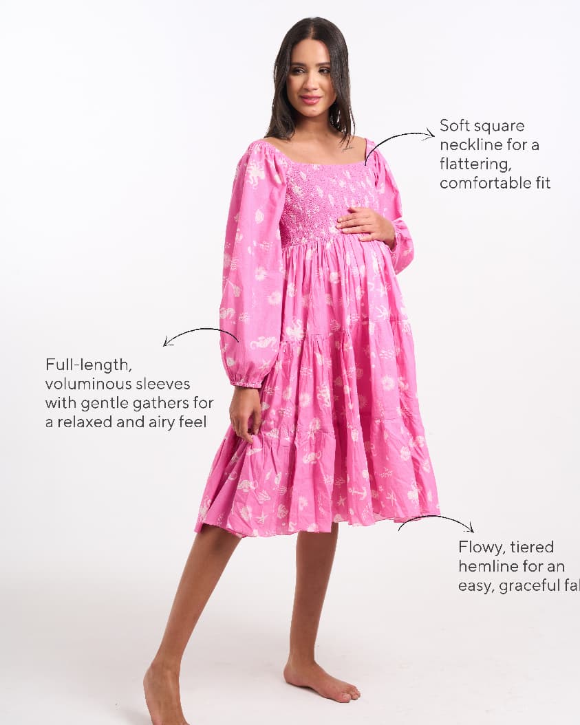 Aqua Print Candy Pink Tiered Maternity Midi Dress