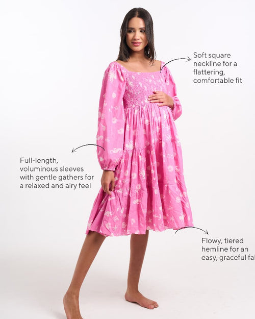 Aqua Print Candy Pink Tiered Maternity Midi Dress