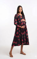 Toxinfree natural cotton tropical roses overlap midi dress with ample bellyroom nursing friendly.