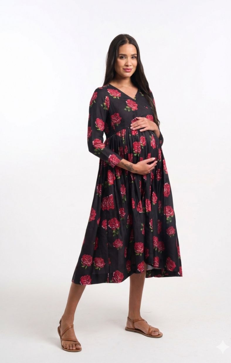 Toxinfree natural cotton tropical roses overlap midi dress with ample bellyroom nursing friendly.