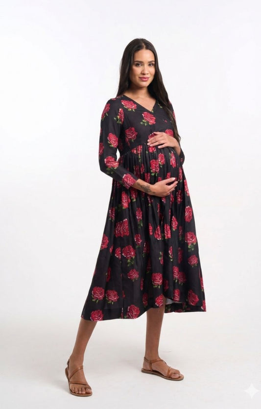 Toxinfree natural cotton tropical roses overlap midi dress with ample bellyroom nursing friendly.