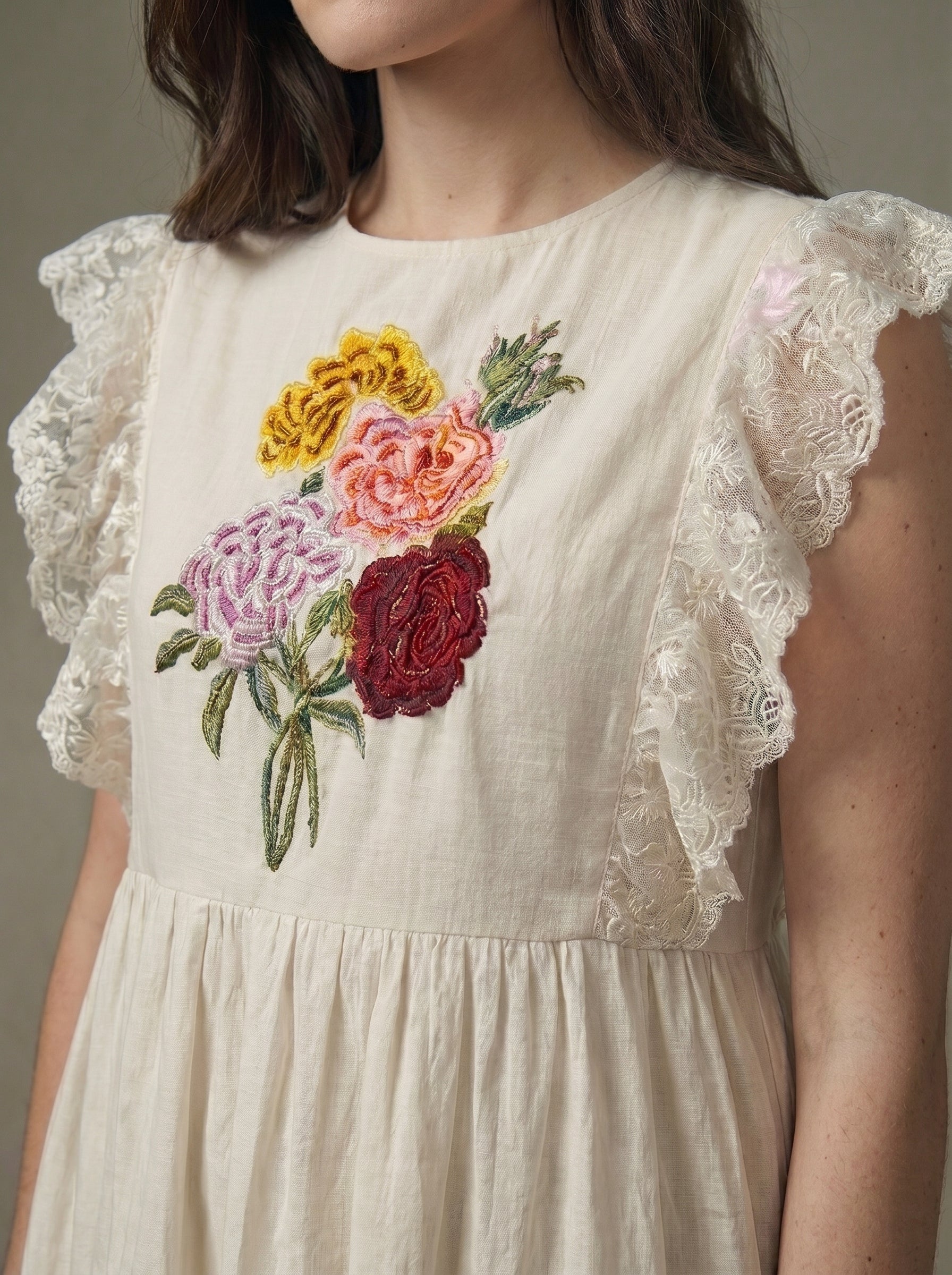 Misty foliage french lace midi dress