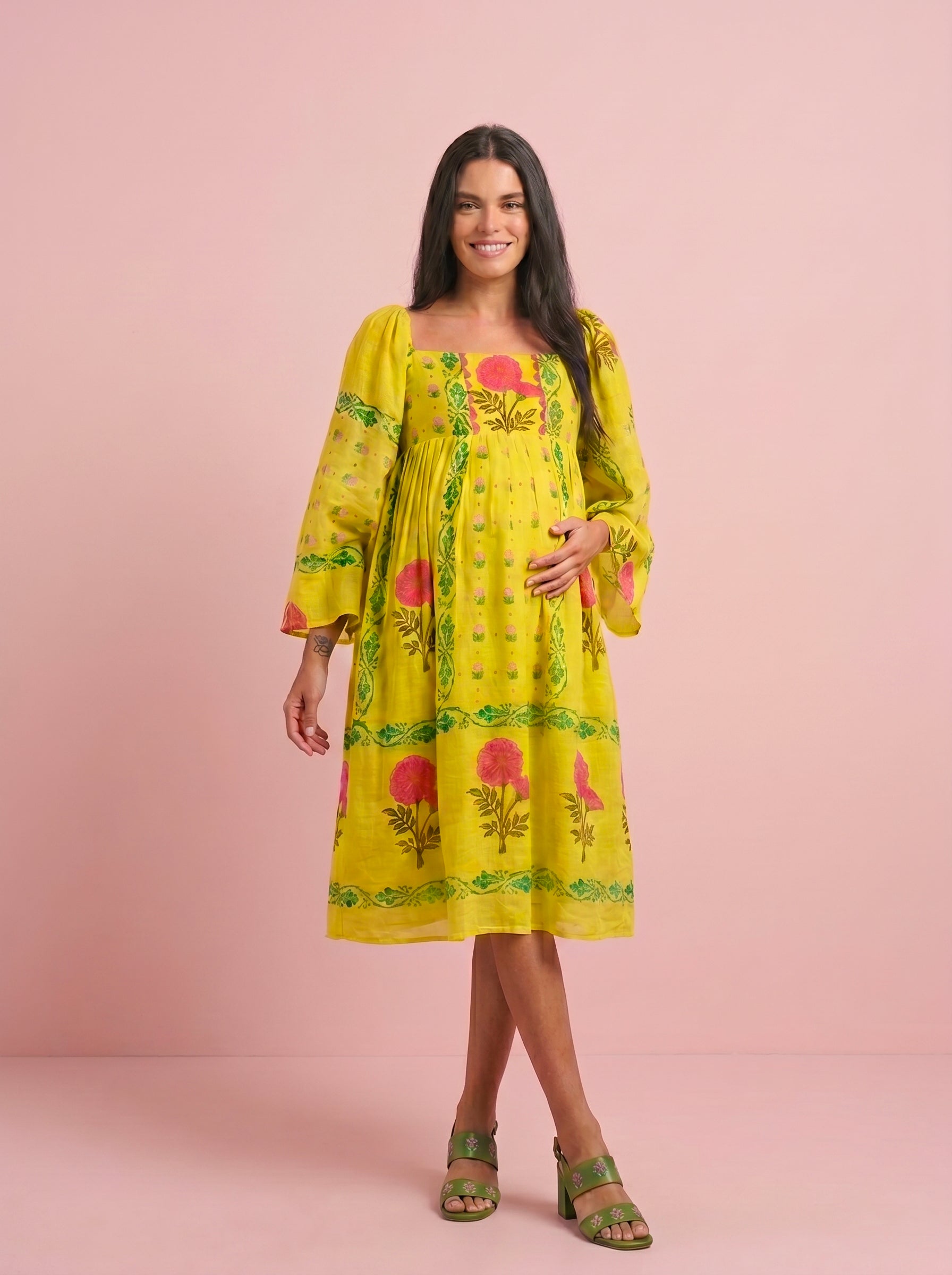 Marigold Block Print Mulmul Midi Resort Dress – Eastman Green