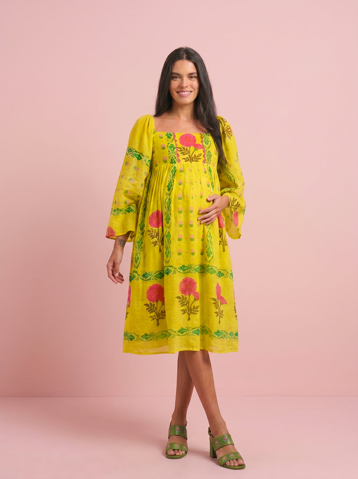 Marigold Block Print Mulmul Midi Resort Dress – Eastman Green