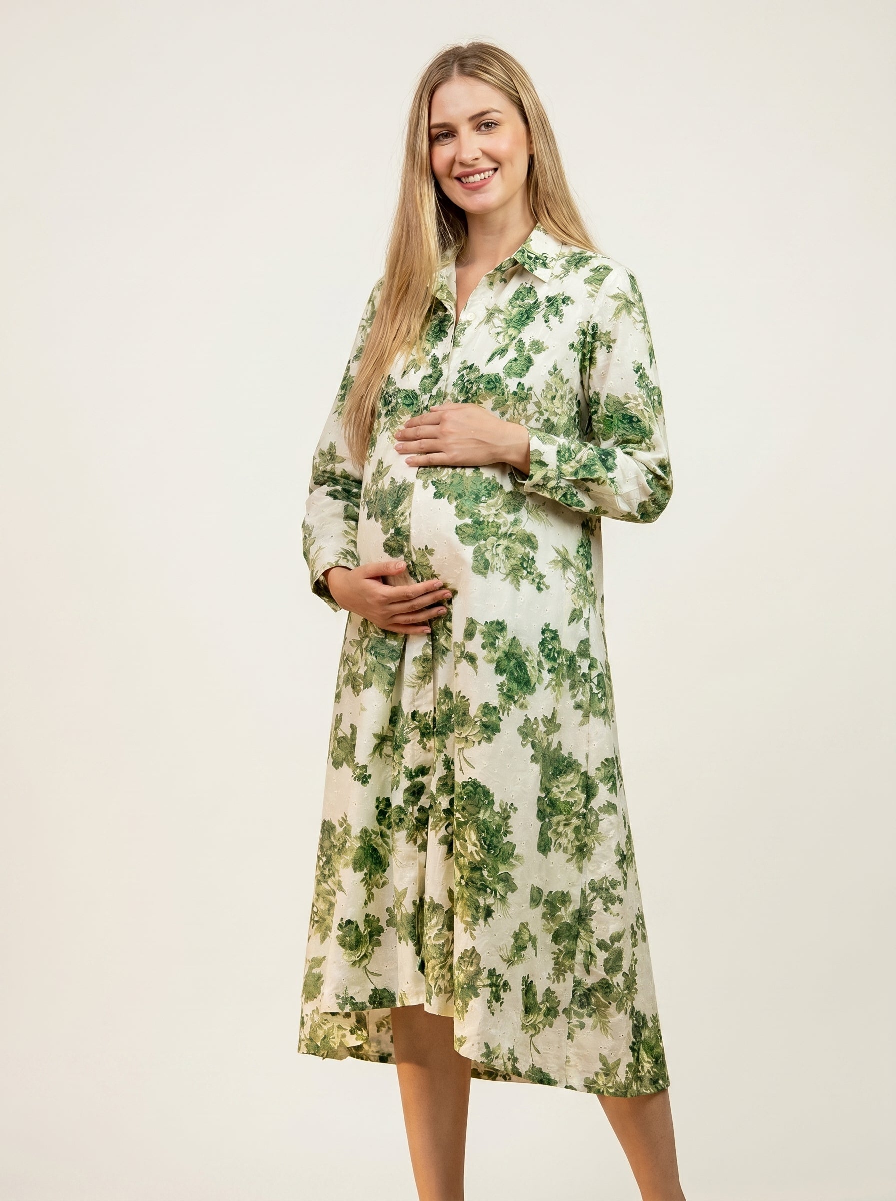 Organic Eyelet Cotton Foliage Print - A Line Shirt Dress