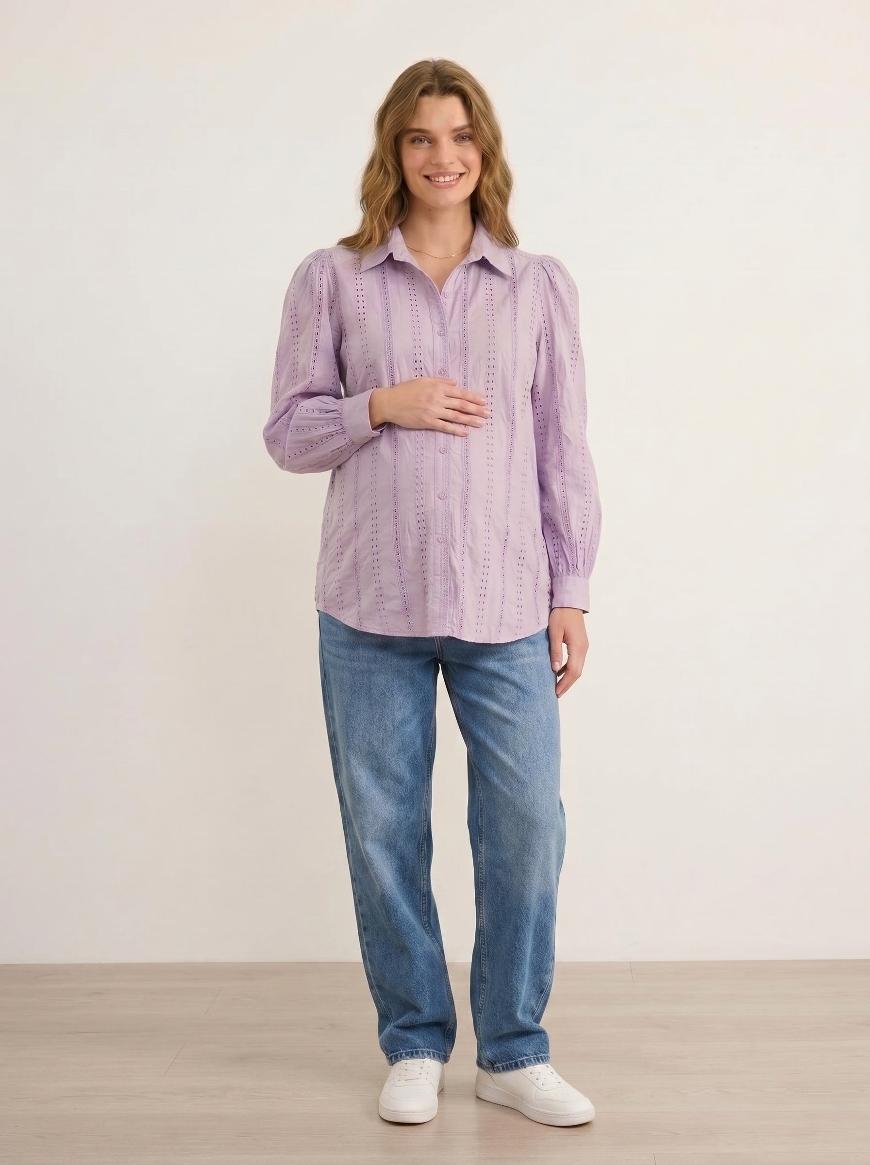 lilac eyelet maternity shirt