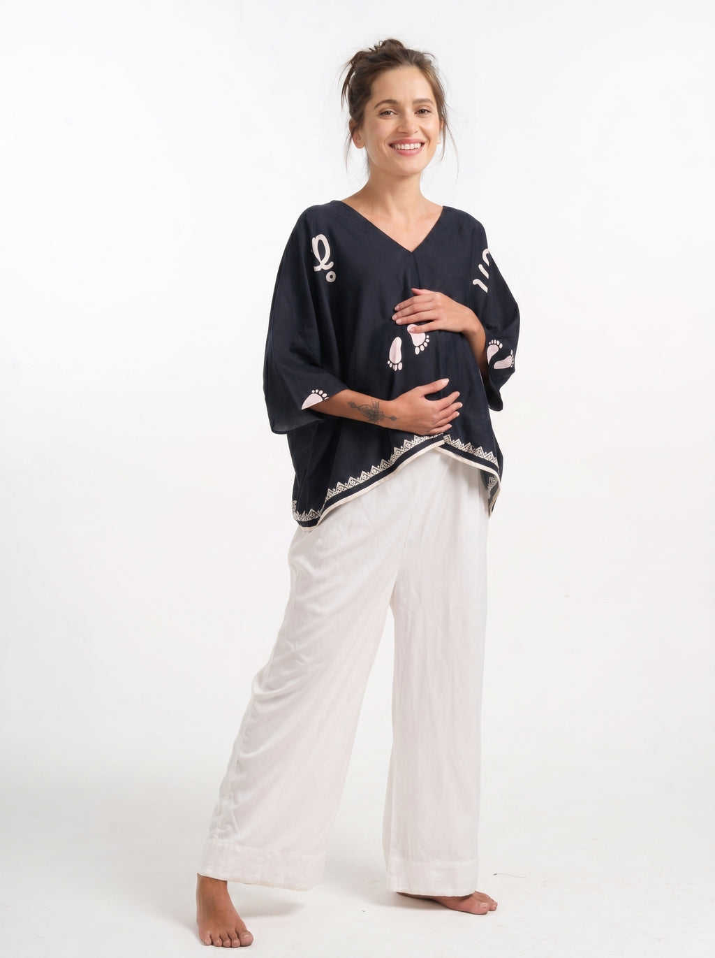 Black Baby Feet Print Cotton Satin Kaftan Co-Ord Set