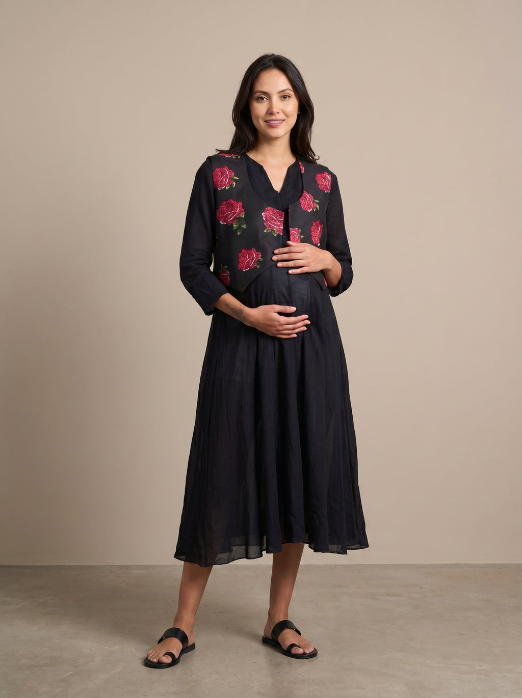 Black Tropical Rose Waistcoat Nursing Flared Dress