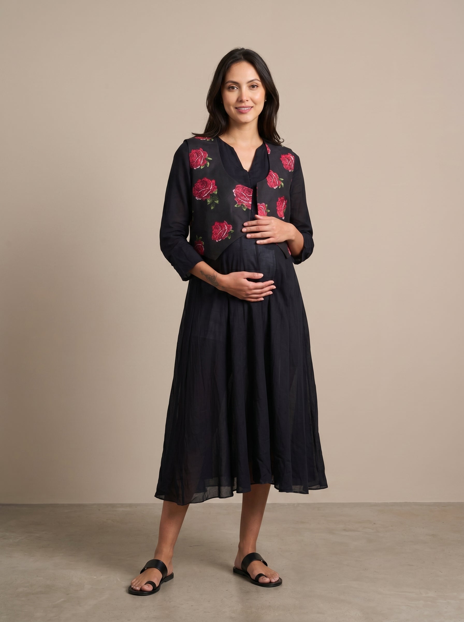 Black Tropical Rose Waistcoat Nursing Flared Dress