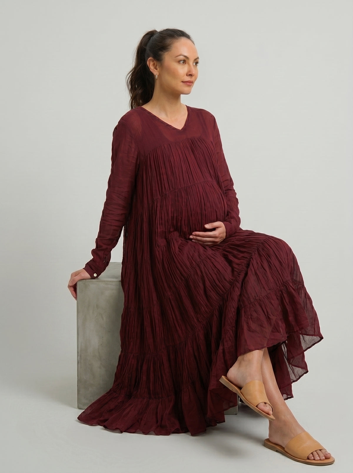 Maroon Mulmul Cotton 9-Meter Ghera Nursing Dress with Inner