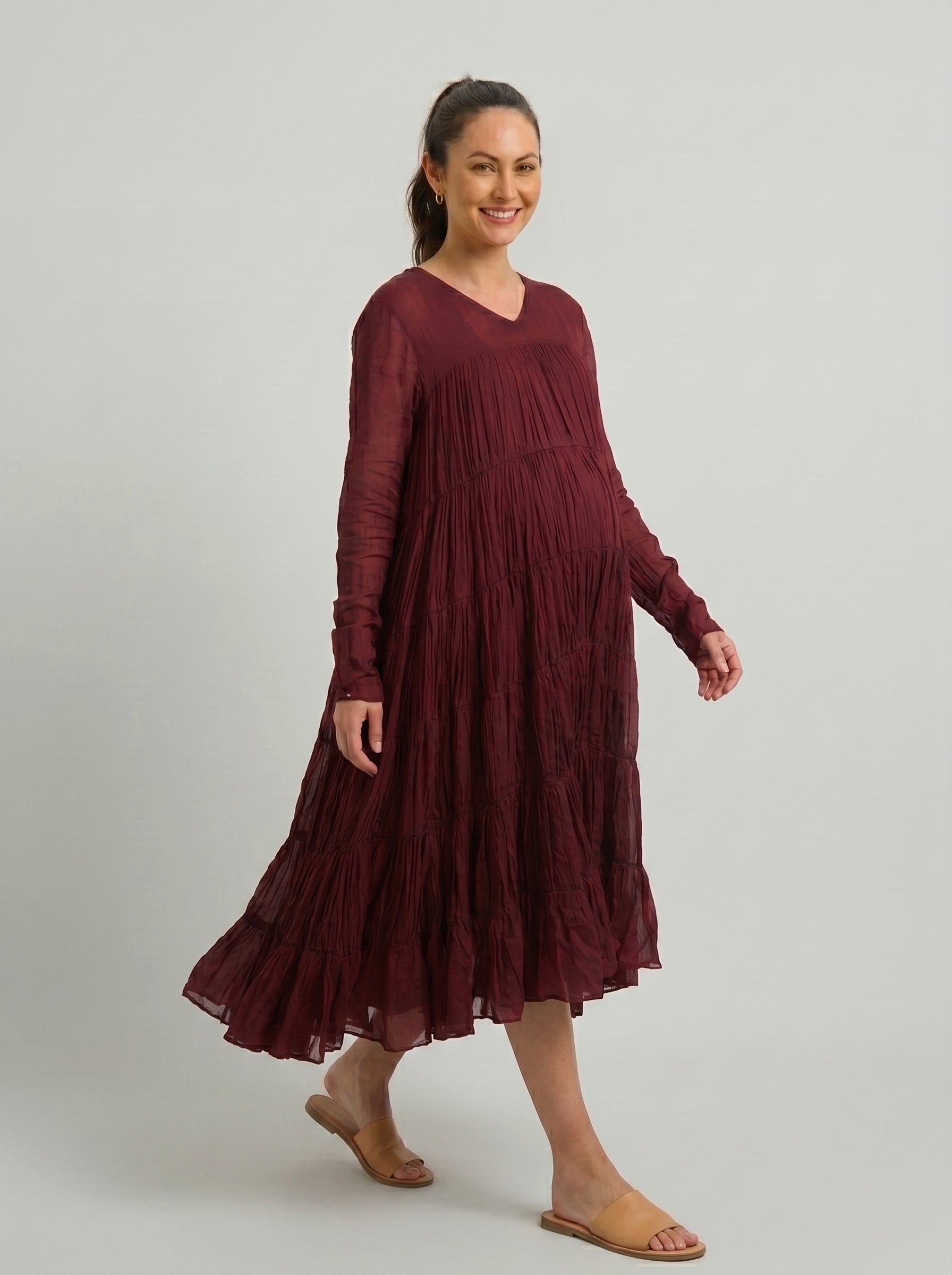 Maroon Mulmul Cotton 9-Meter Ghera Nursing Dress with Inner