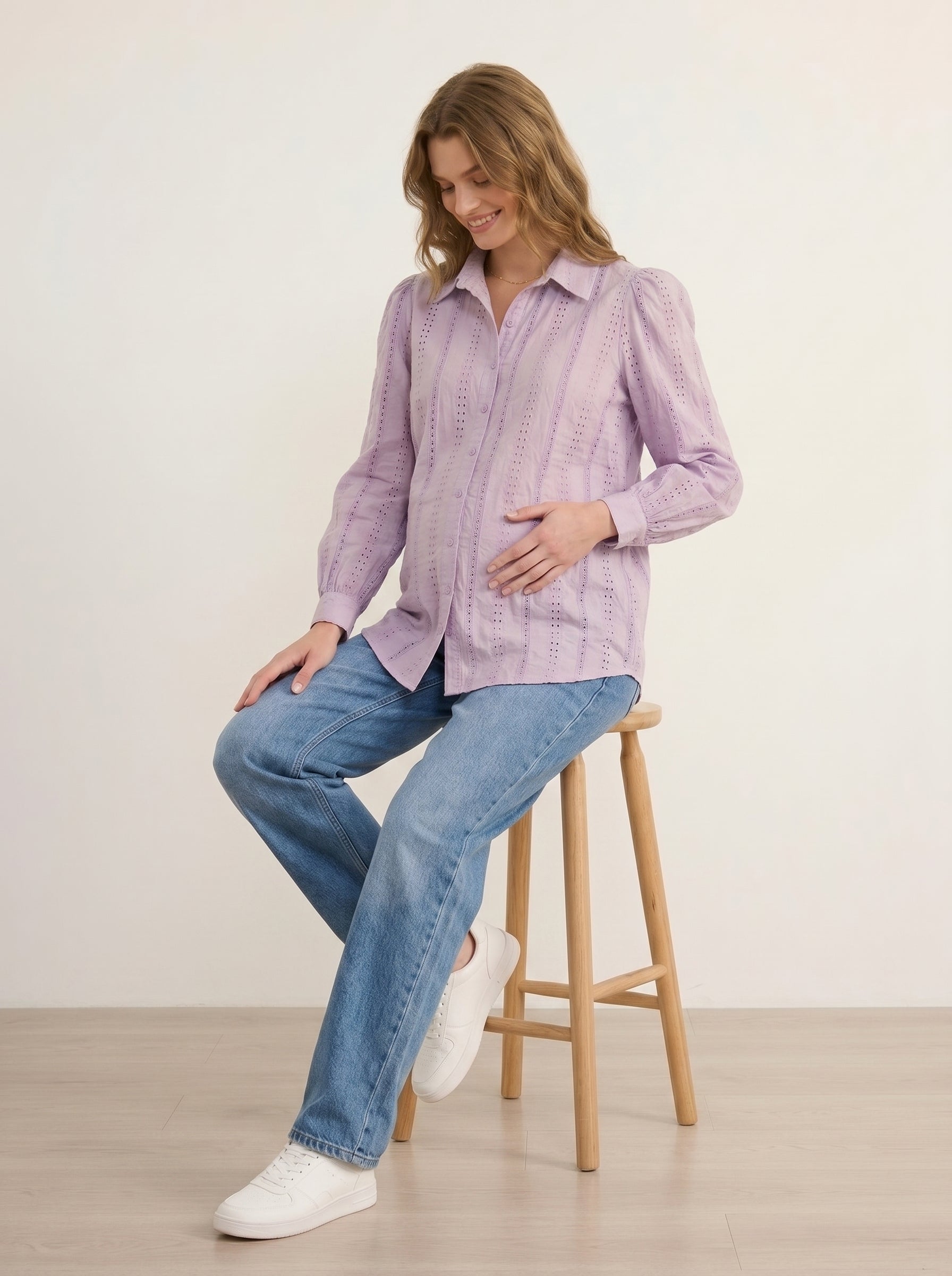 lilac eyelet maternity shirt