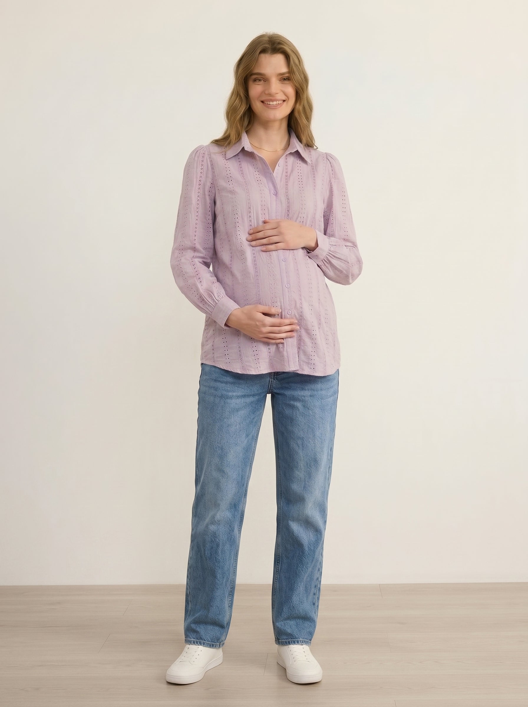 lilac eyelet maternity shirt