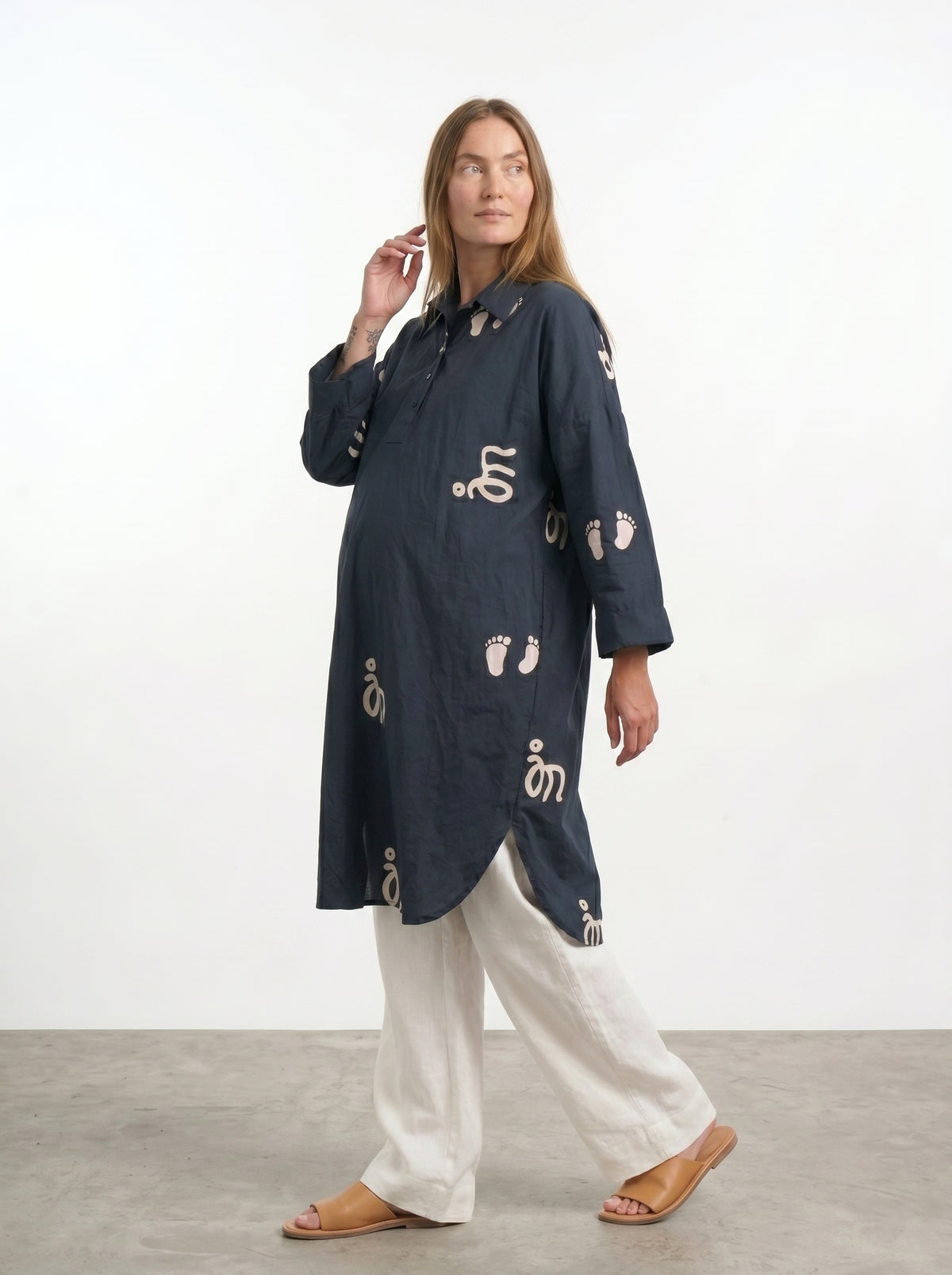 Baby Feet Print Cotton Satin Maternity Shirt Dress Co-Ord Set