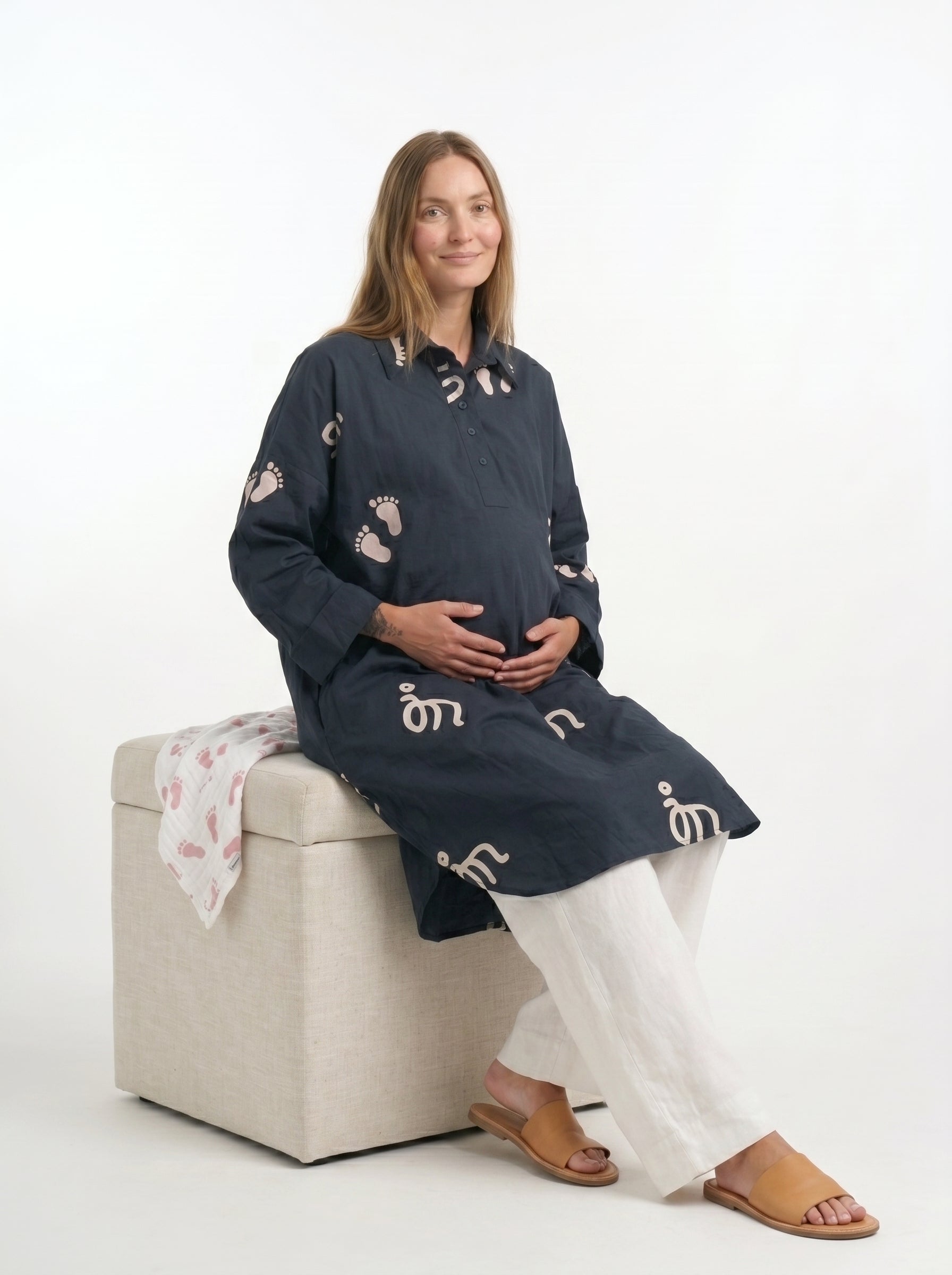 Baby Feet Print Cotton Satin Maternity Shirt Dress Co-Ord Set