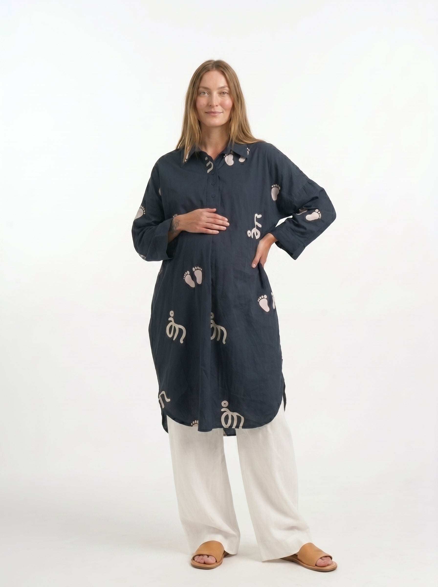 Baby Feet Print Cotton Satin Maternity Shirt Dress Co-Ord Set
