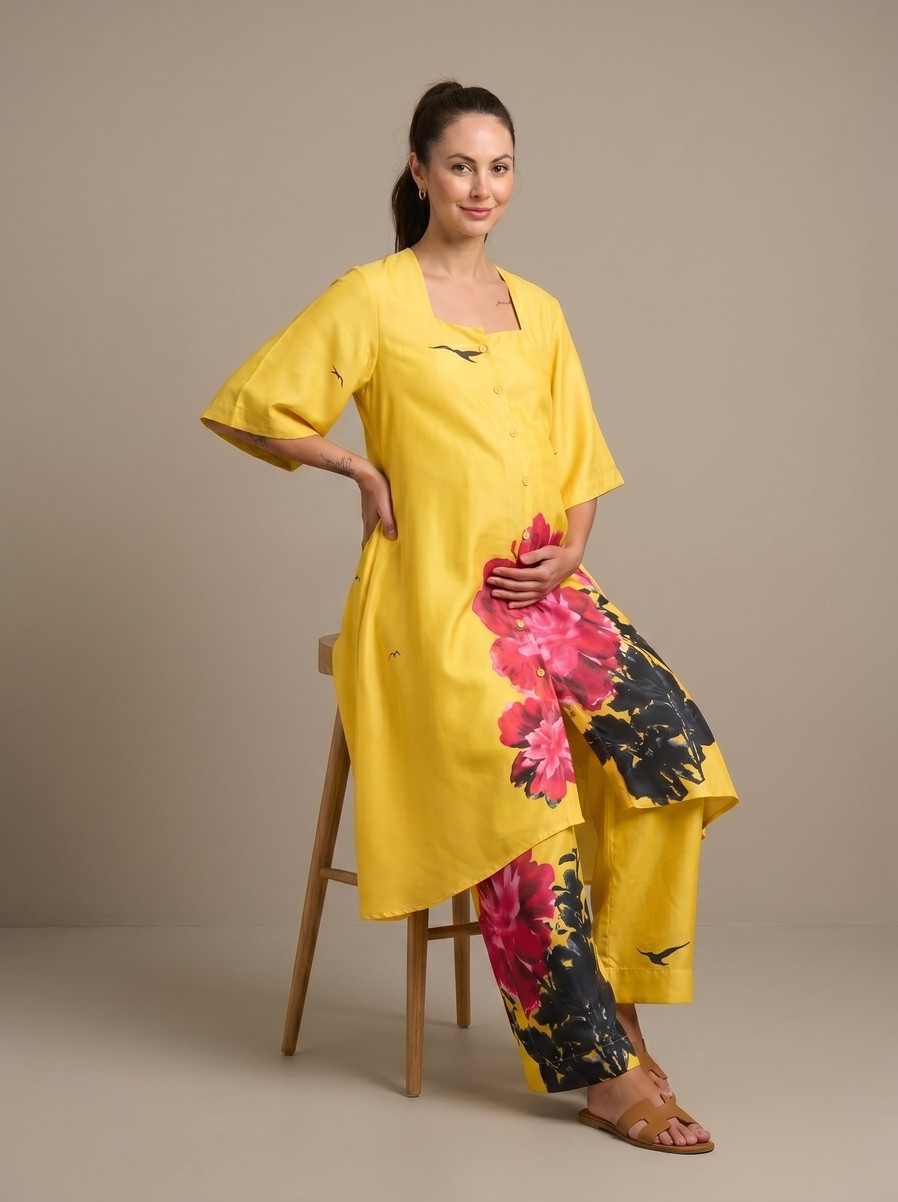 Chinese Floral Print Cotton Satin Maternity Co-Ord Set