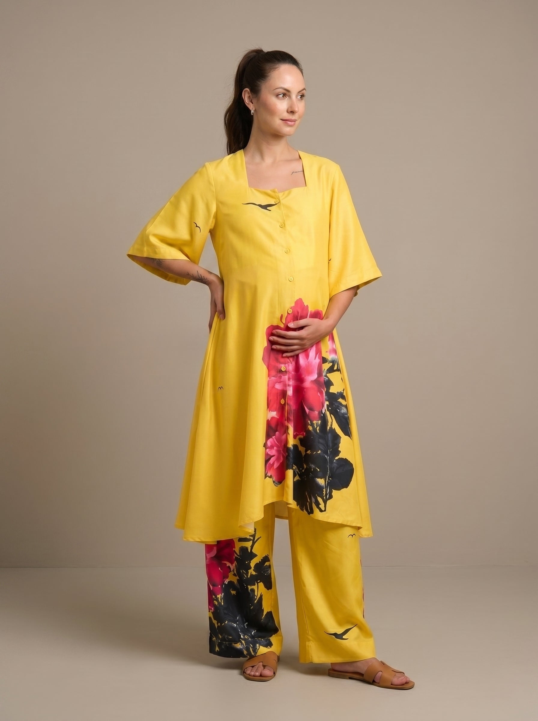 Chinese Floral Print Cotton Satin Maternity Co-Ord Set