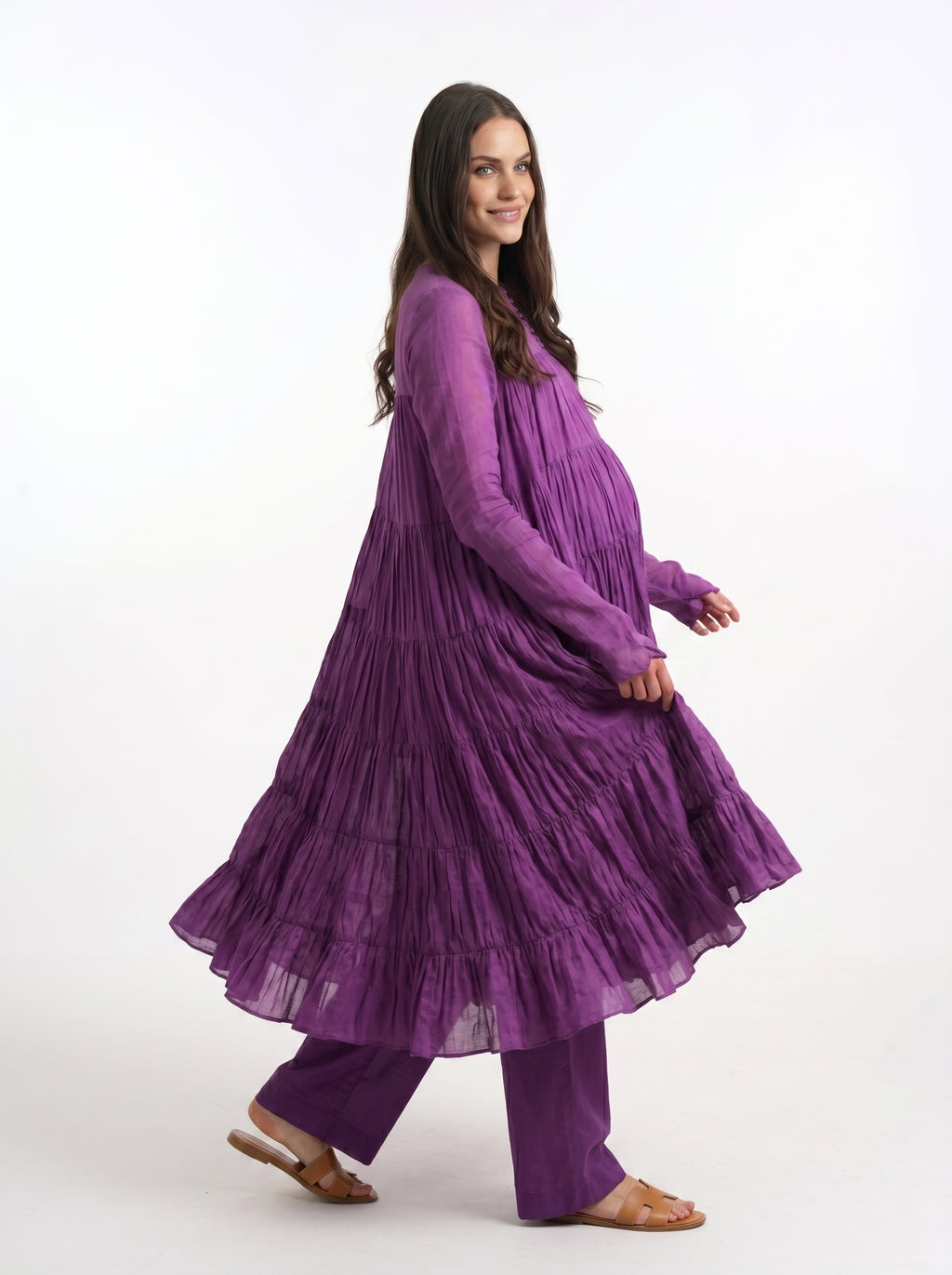 Purple Mulmul Cotton 9-Meter Anarkali Maternity Co-Ord Set