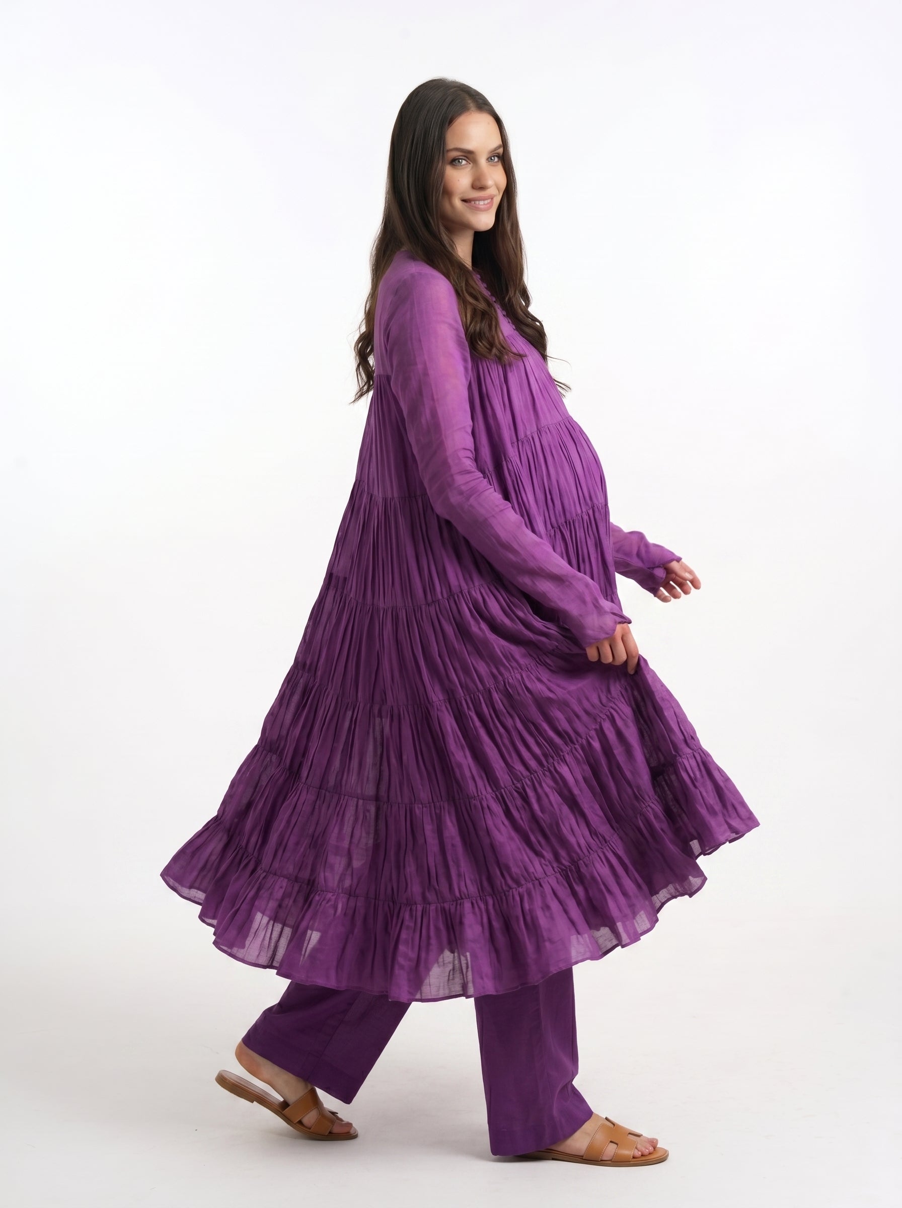 Purple Mulmul Cotton 9-Meter Anarkali Maternity Co-Ord Set