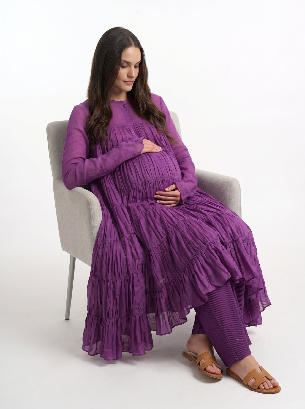Purple Mulmul Cotton 9-Meter Anarkali Maternity Co-Ord Set