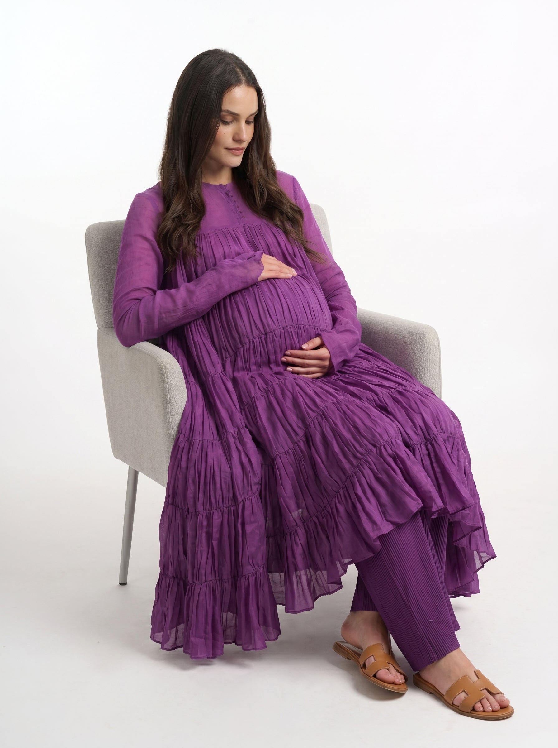 Purple Mulmul Cotton 9-Meter Anarkali Maternity Co-Ord Set