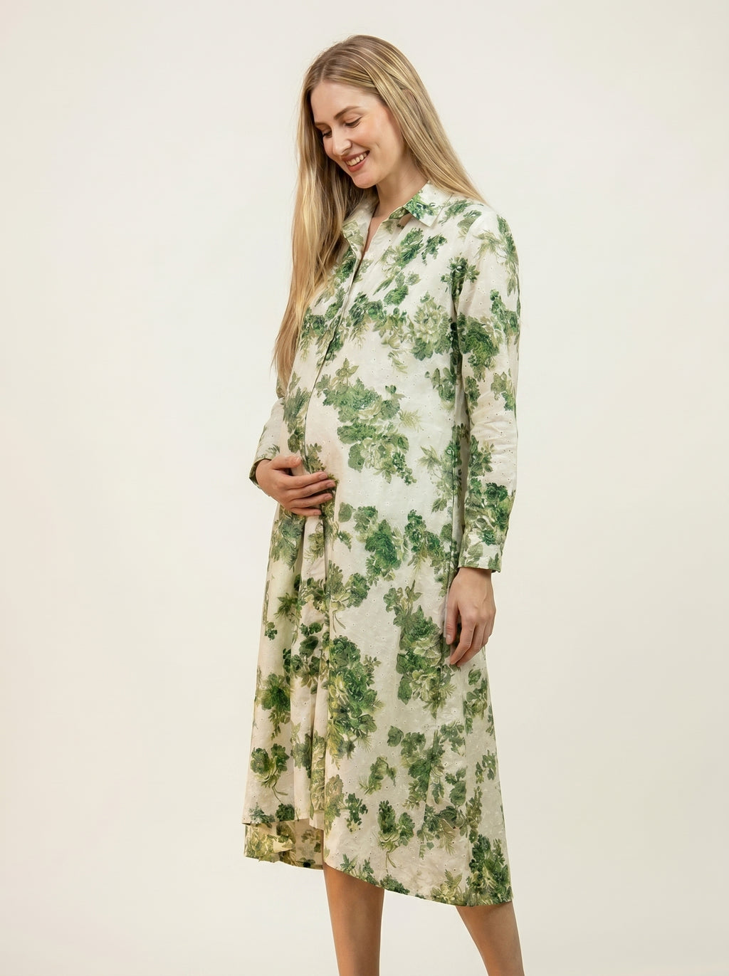 Organic Eyelet Cotton Foliage Print - A Line Shirt Dress