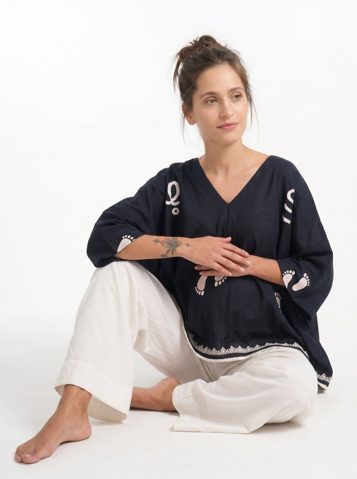 Black Baby Feet Print Cotton Satin Kaftan Co-Ord Set