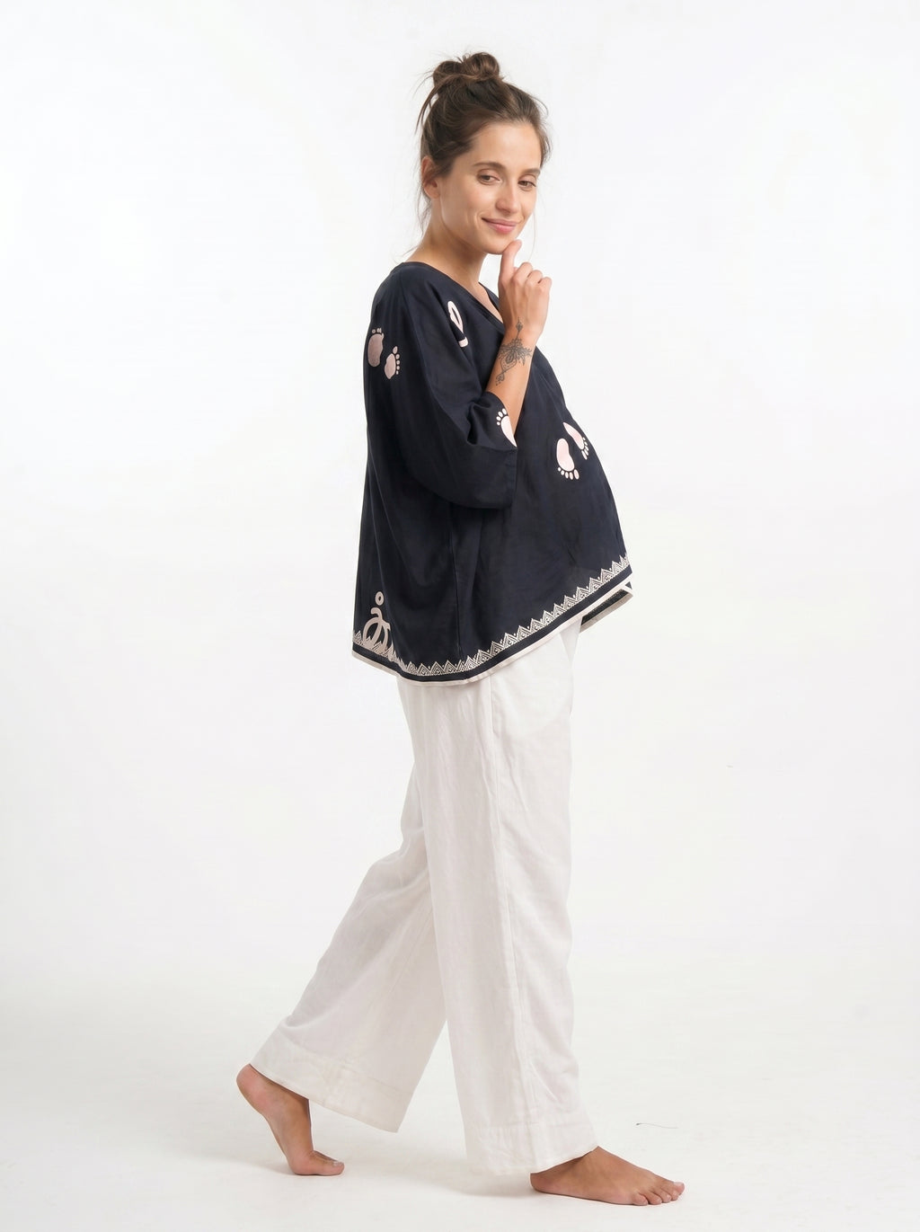 Black Baby Feet Print Cotton Satin Kaftan Co-Ord Set