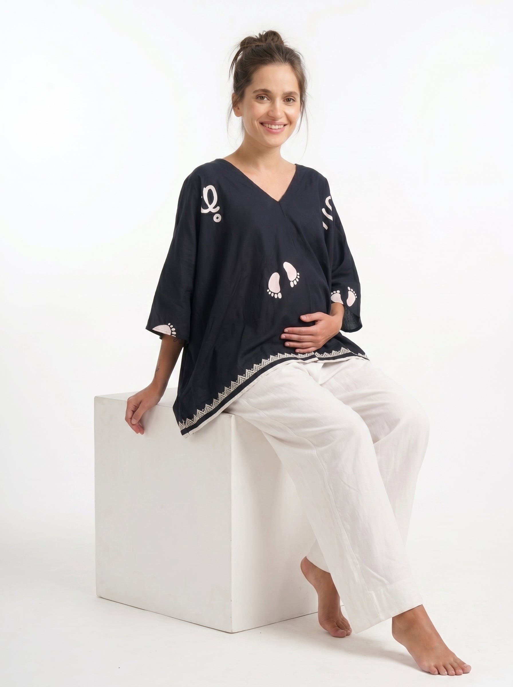 Black Baby Feet Print Cotton Satin Kaftan Co-Ord Set