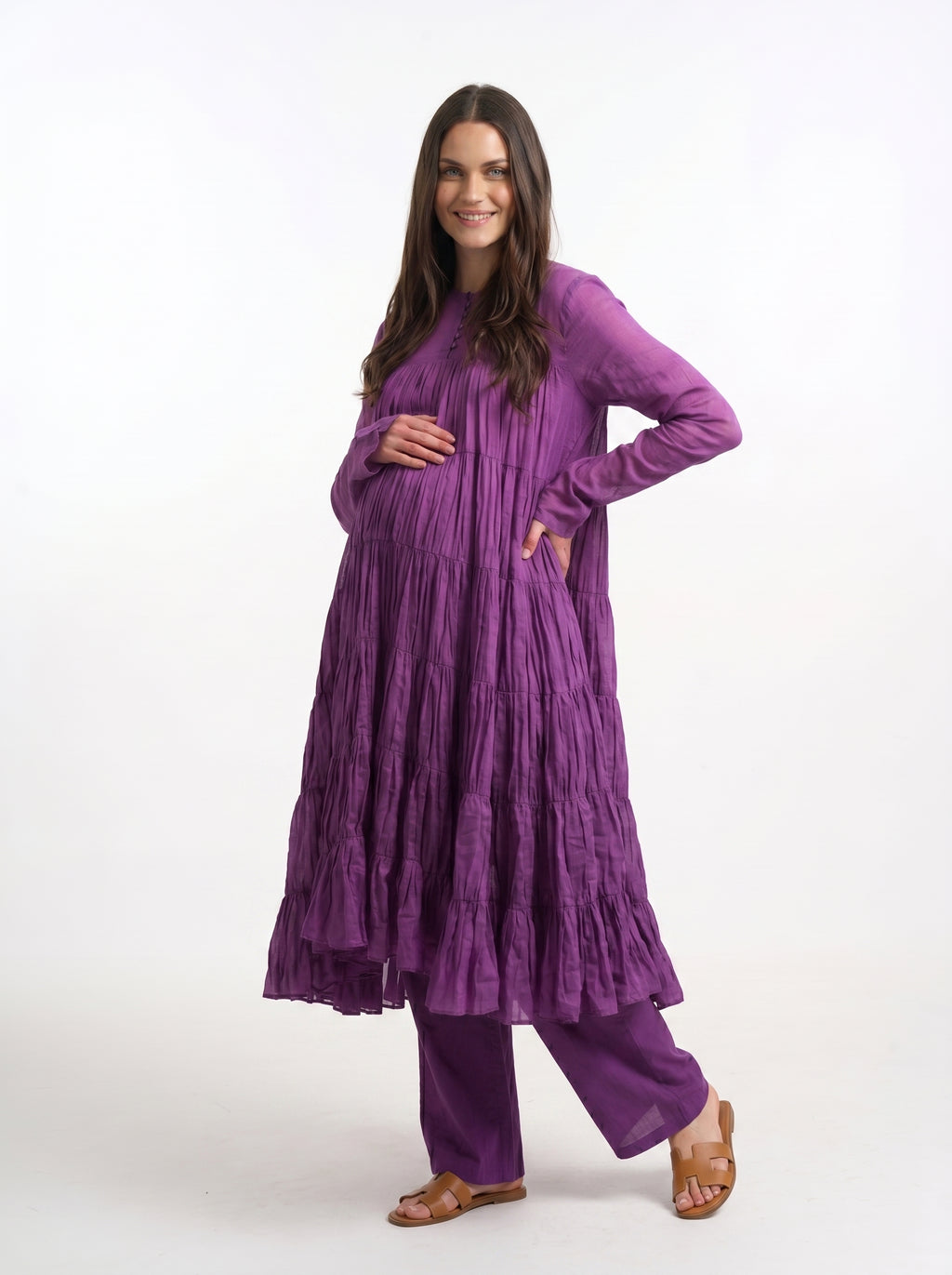 Purple Mulmul Cotton 9-Meter Anarkali Maternity Co-Ord Set