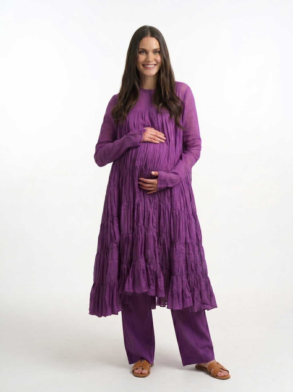 Purple Mulmul Cotton 9-Meter Anarkali Maternity Co-Ord Set