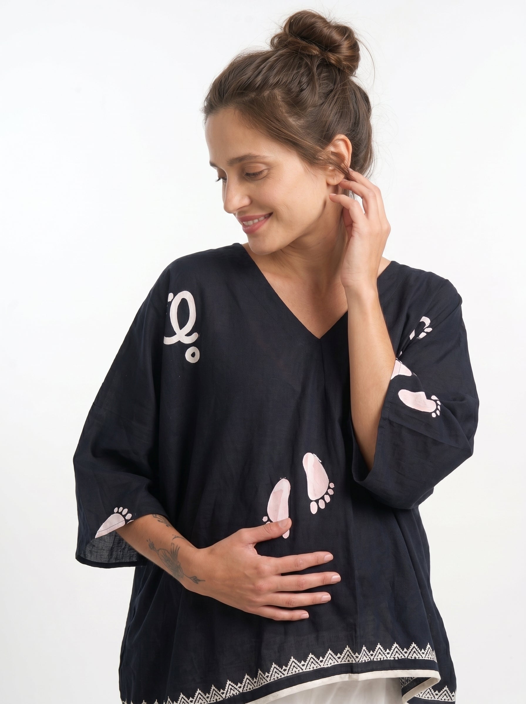 Black Baby Feet Print Cotton Satin Kaftan Co-Ord Set