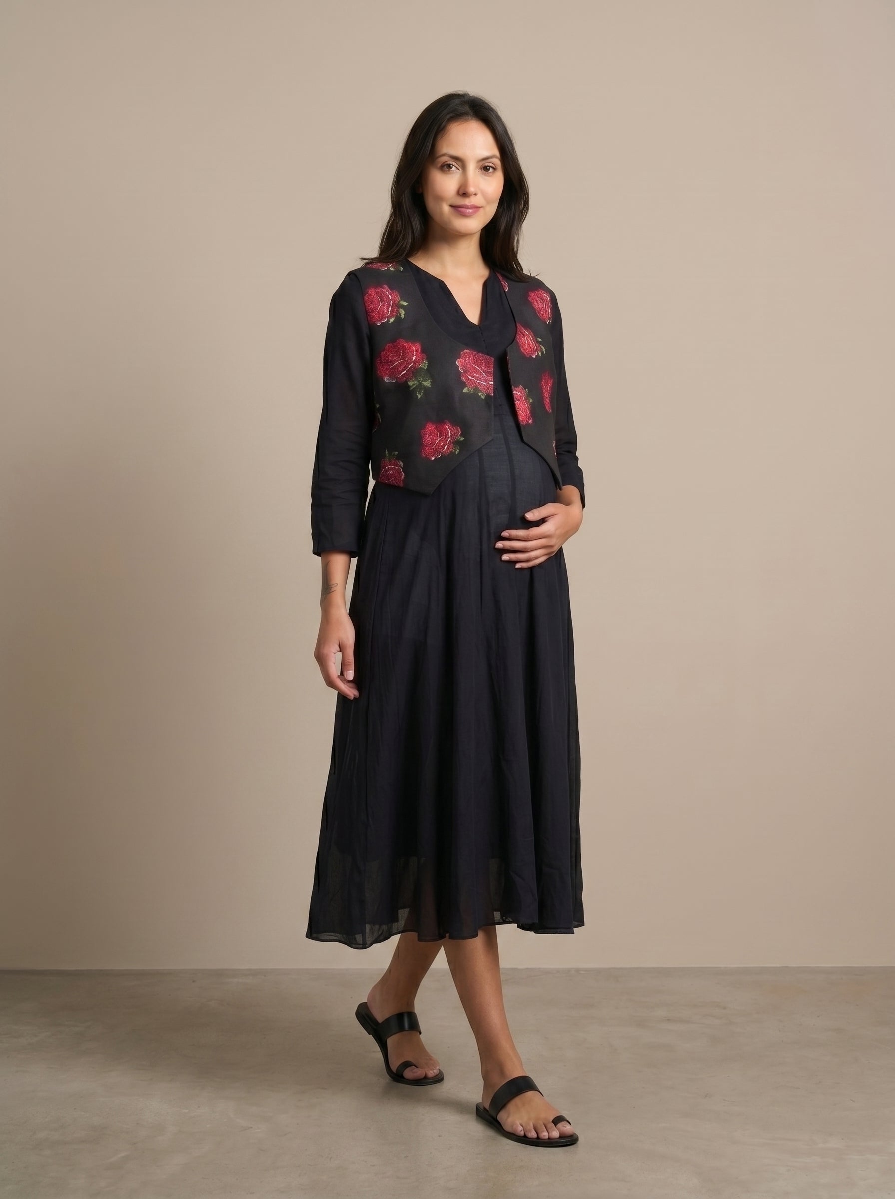 Black Tropical Rose Waistcoat Nursing Flared Dress