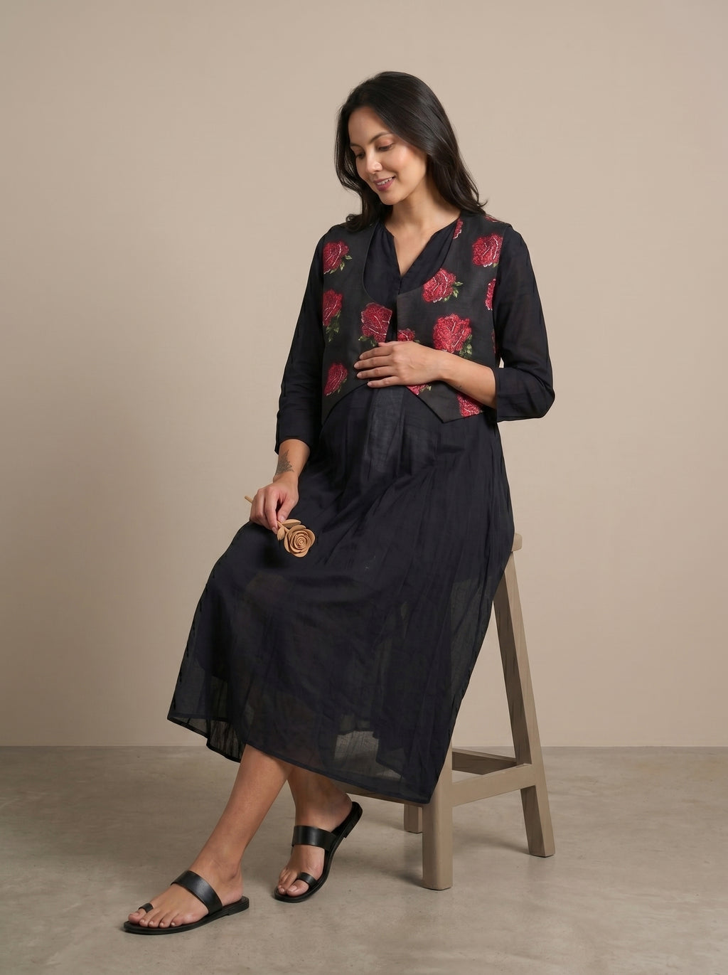 Black Tropical Rose Waistcoat Nursing Flared Dress