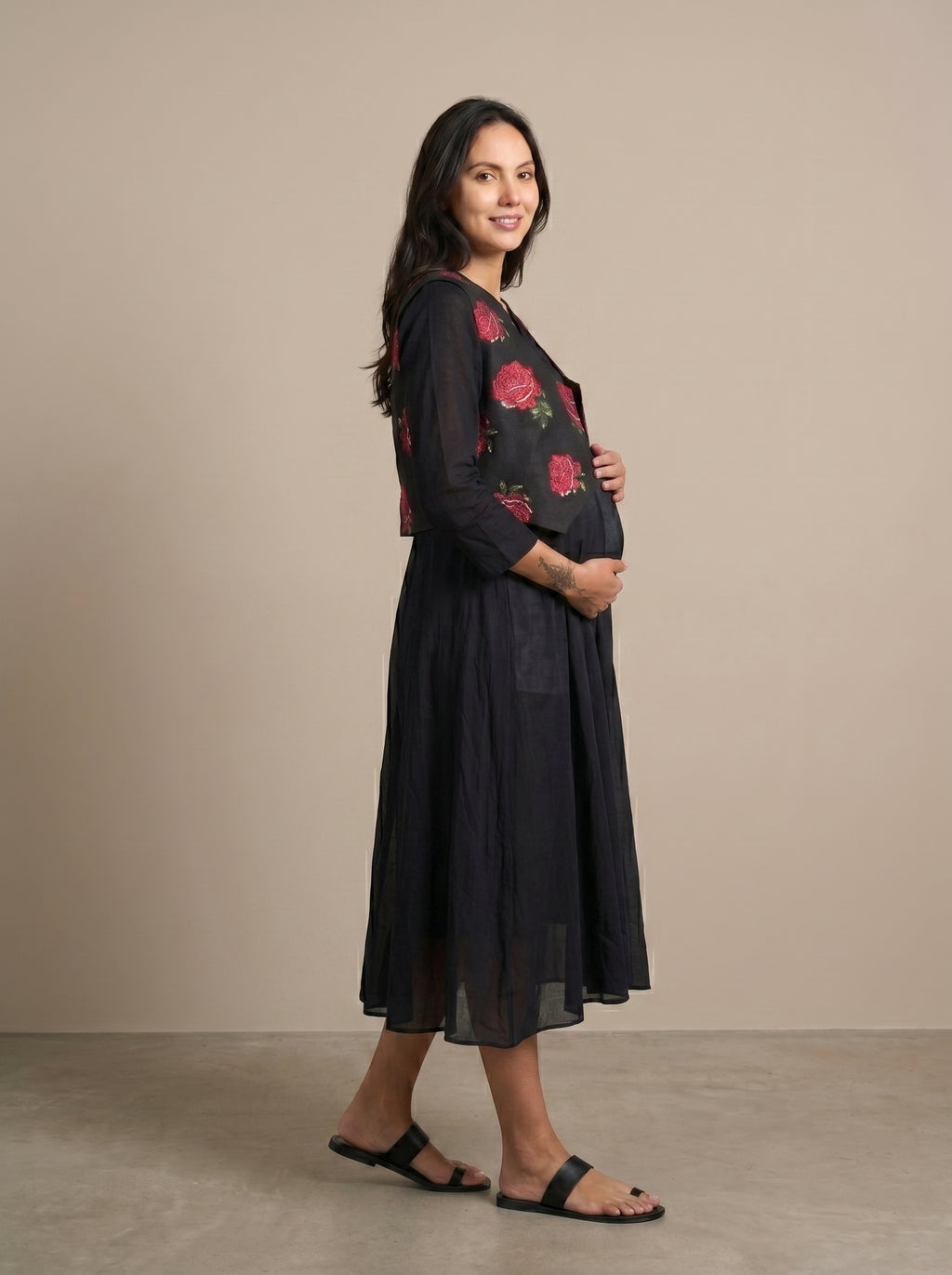 Black Tropical Rose Waistcoat Nursing Flared Dress