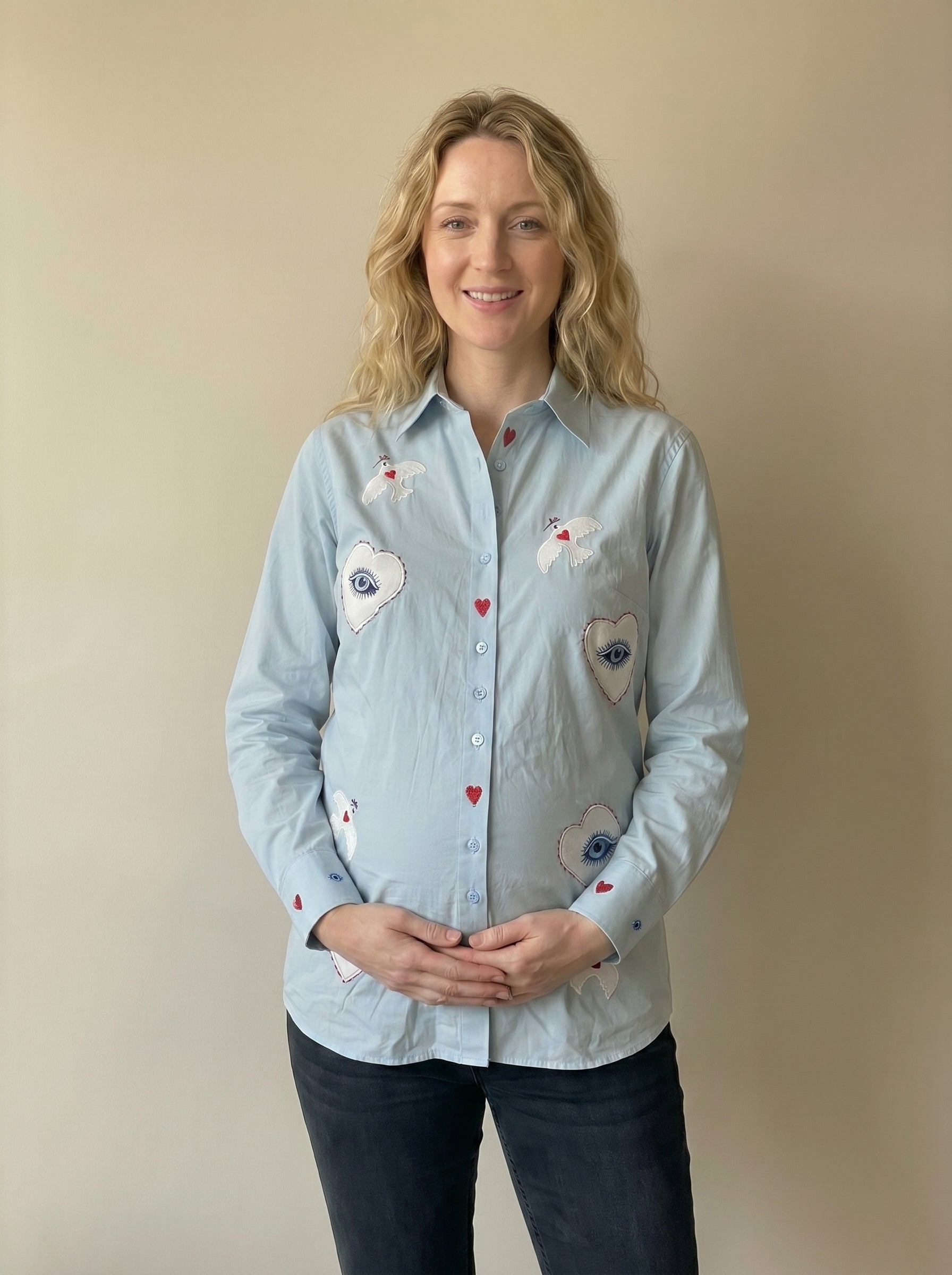 baby blue hearts and eyes maternity shirt