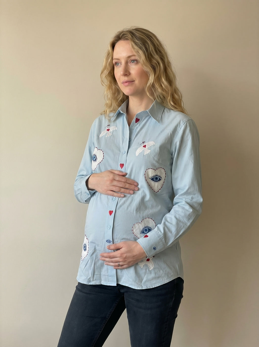 baby blue hearts and eyes maternity shirt