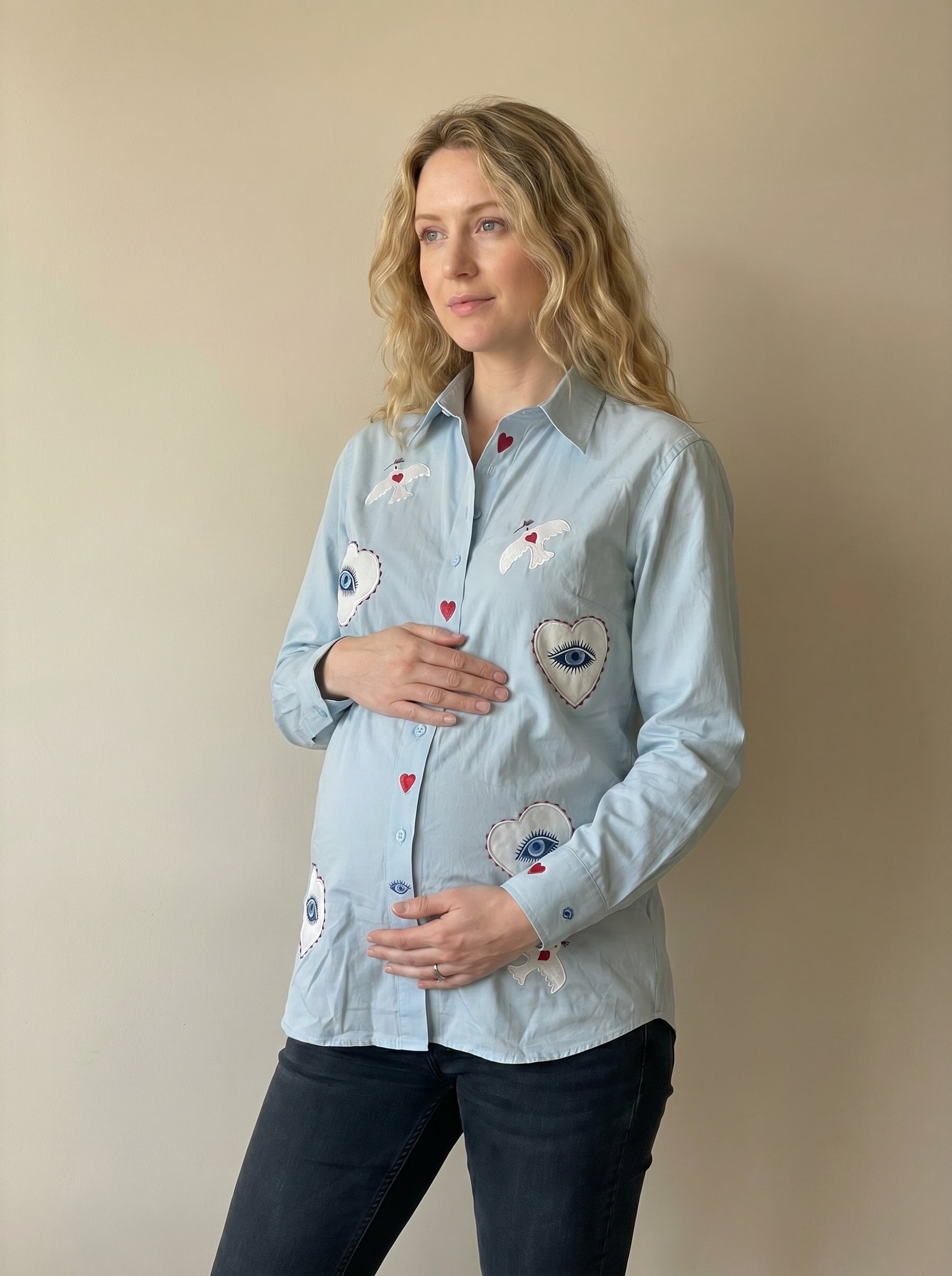 baby blue hearts and eyes maternity shirt