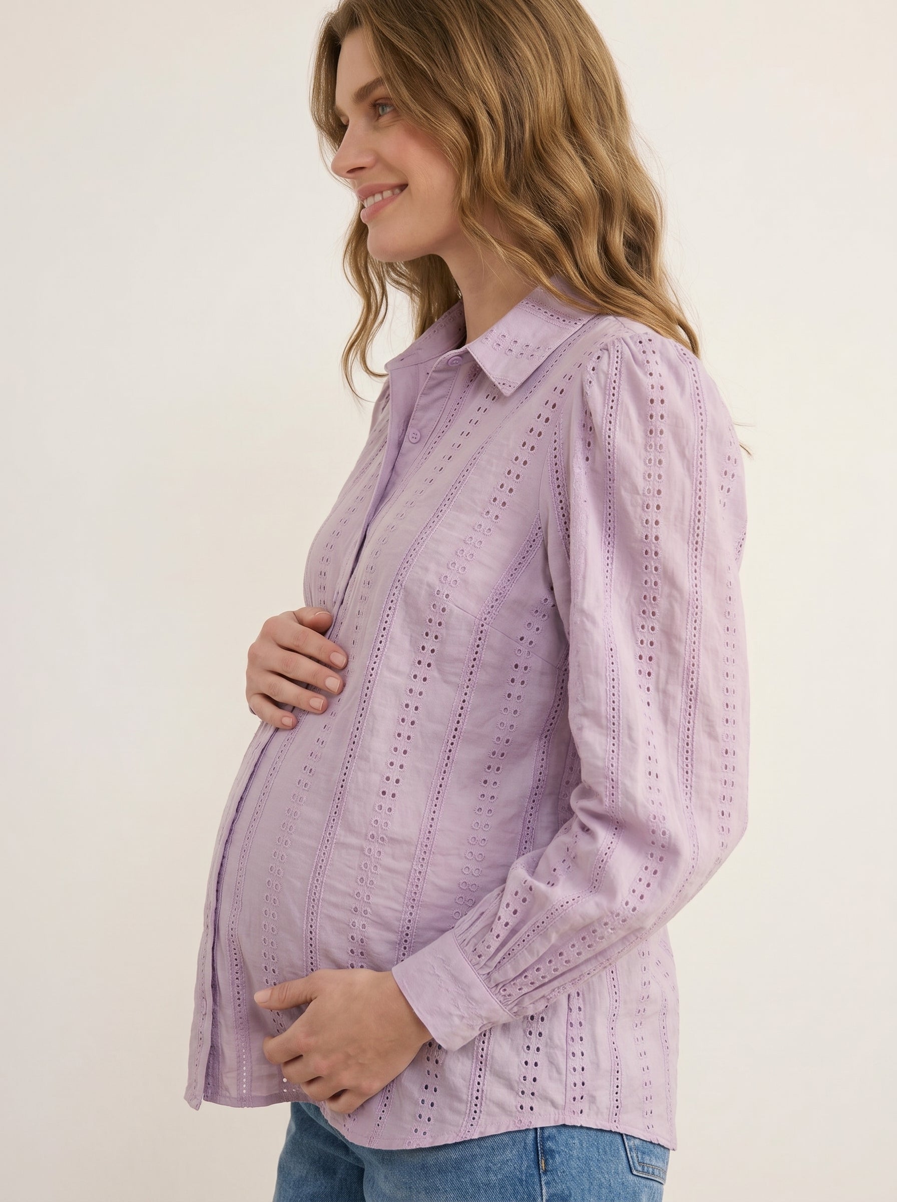 lilac eyelet maternity shirt